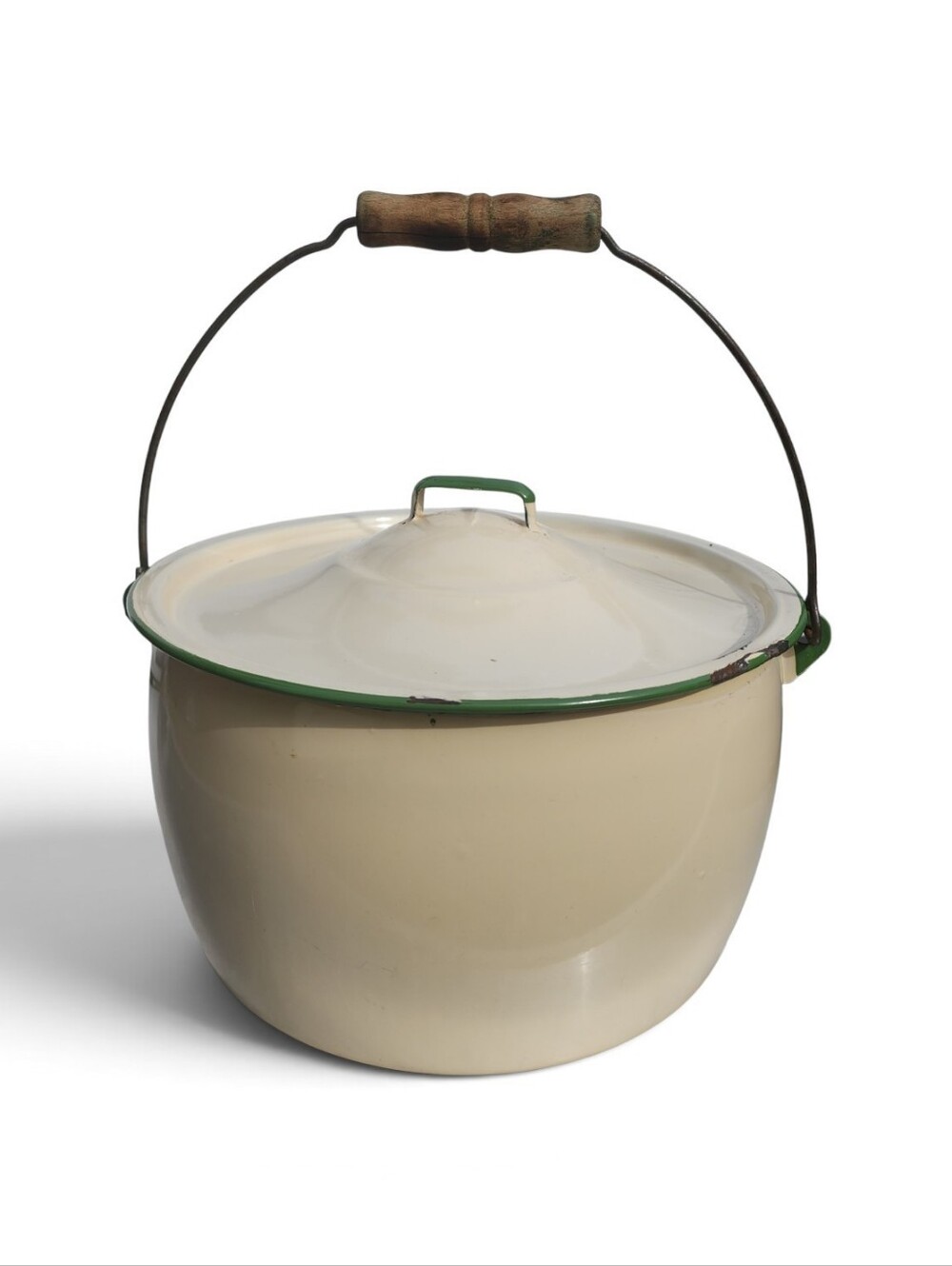 Vtg Cream Enamelware Lidded Pot with Green Trim. Wooden Handle 10" W X 6" T